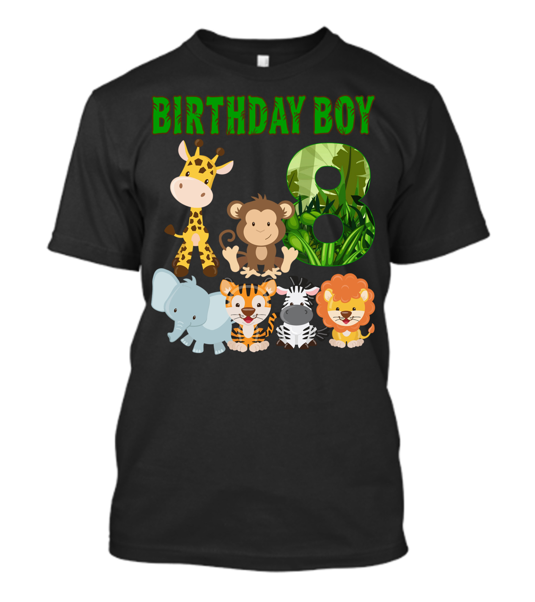 Birthday Boy Eight Jungle Safari Animals Elephant Giraffe Monkey Tiger Lion Zebra T-Shirt
