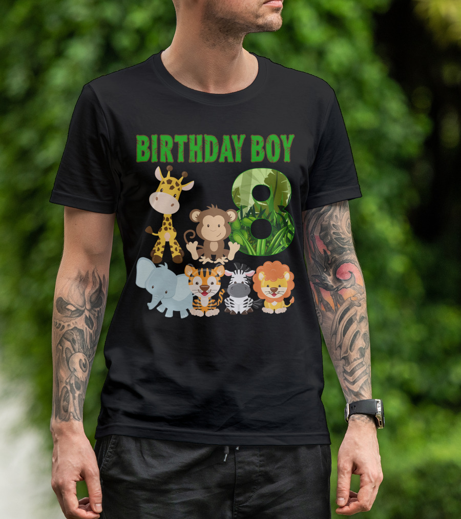 Birthday Boy Eight Jungle Safari Animals Elephant Giraffe Monkey Tiger Lion Zebra T-Shirt
