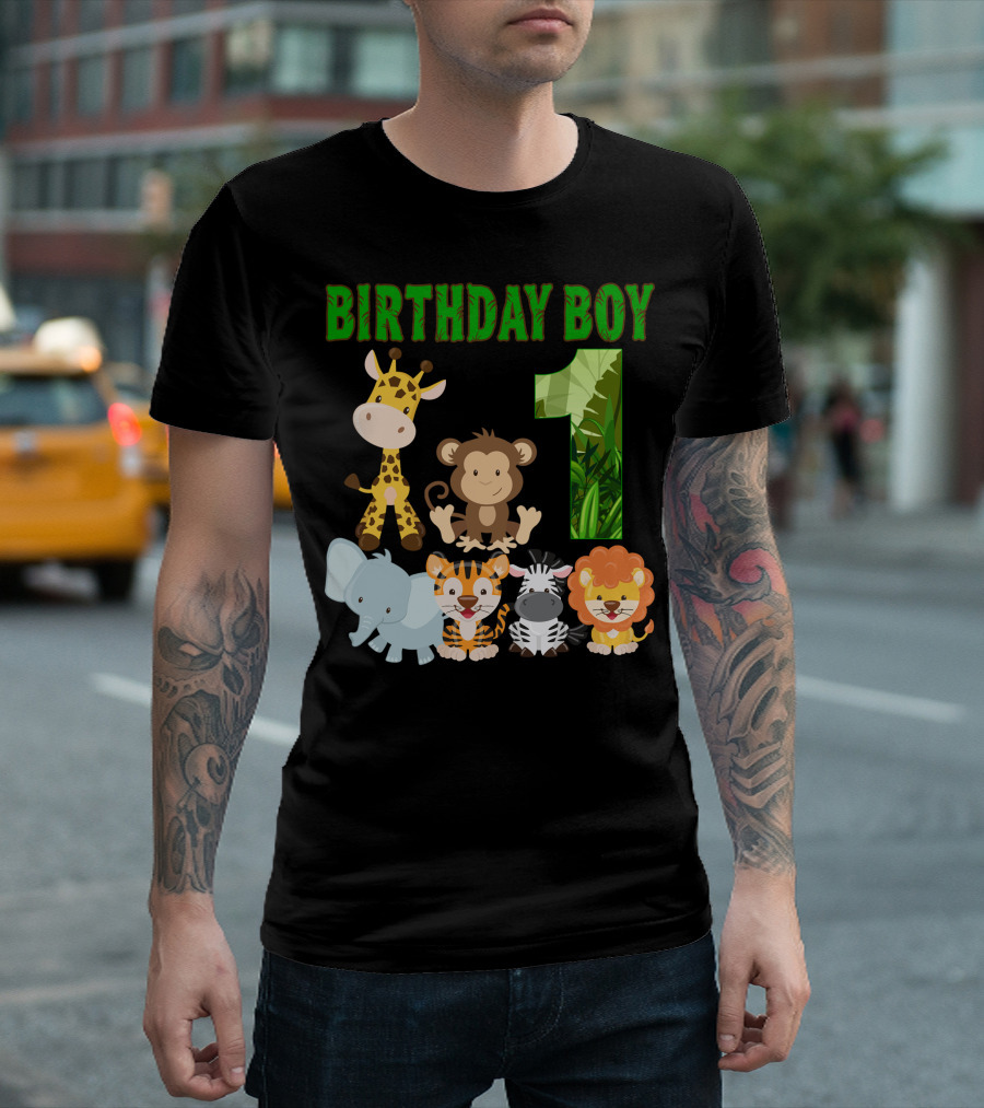 BIRTHDAY BOY Jungle Animals One Giraffe Monkey Elephant Tiger Zebra Lion T-Shirt