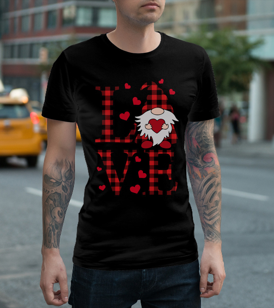 Love Valentine Gnome Buffalo Plaid Hearts T-Shirt