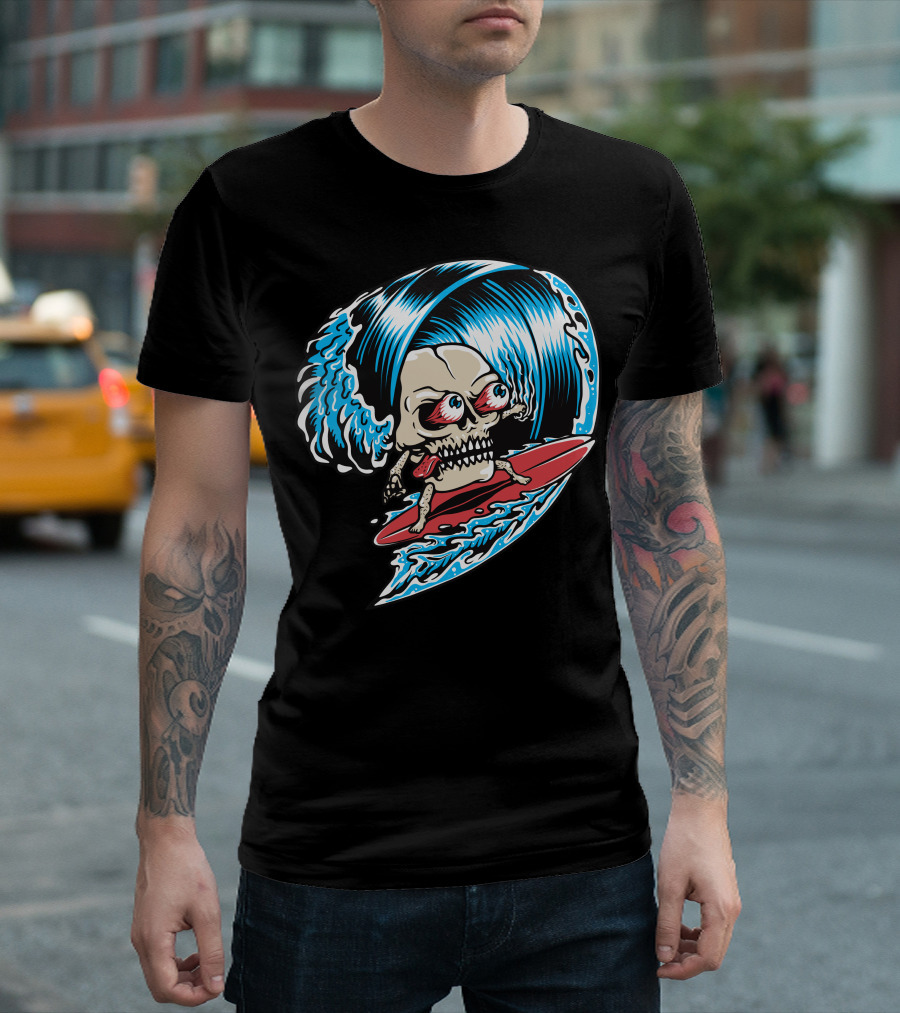 Skull Surfing Cartoon Wave Skull Riding a Surfboard Ocean Waves T-Shirt