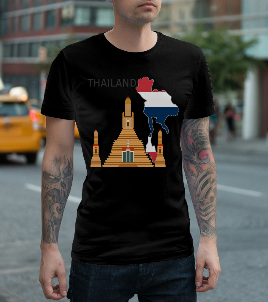 Thailand Map and Wat Arun Pagoda with Flag Colors T-Shirt