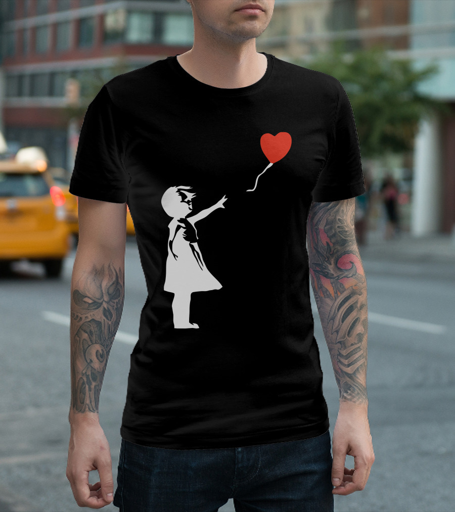Banksy Style Girl with Red Heart Balloon T-Shirt