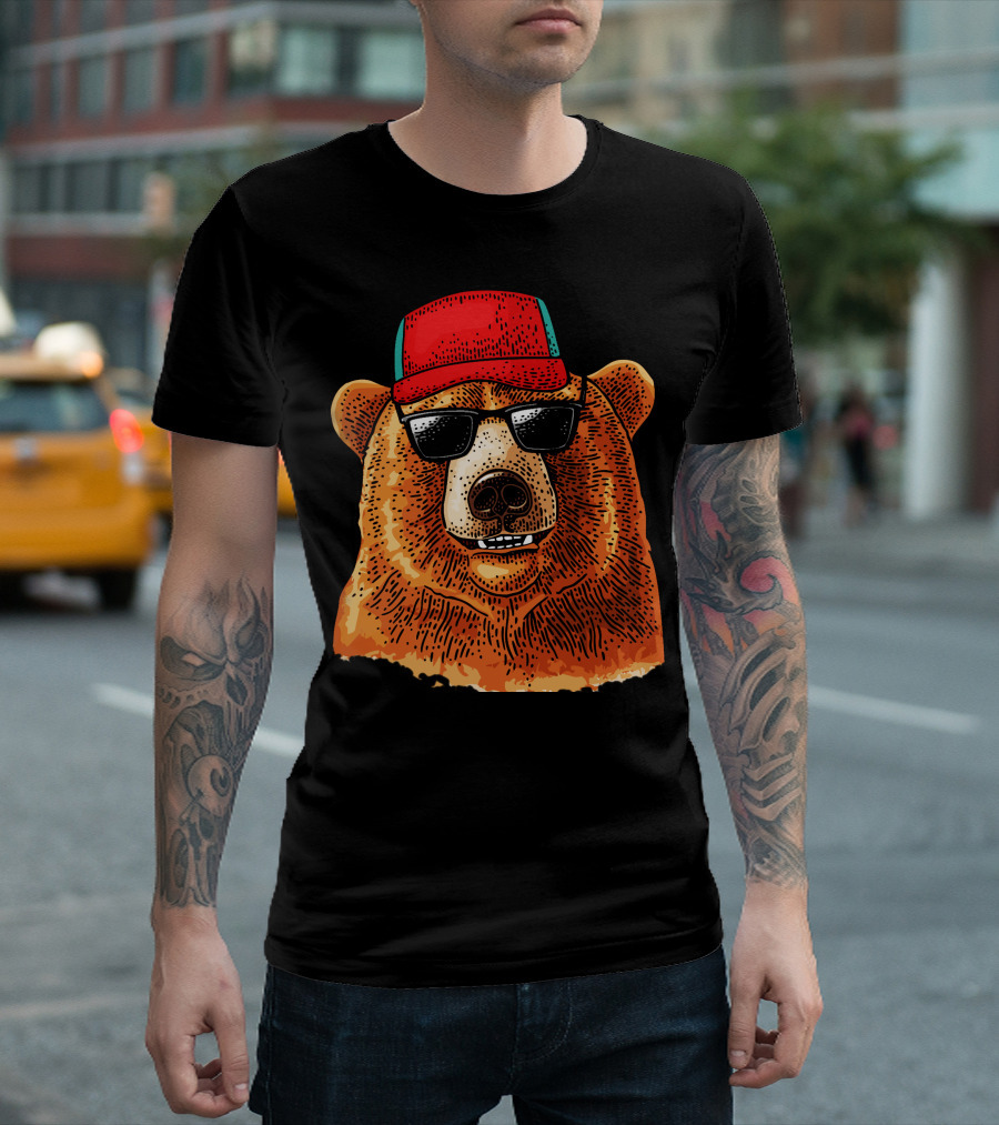 Bear with Red Baseball Cap and Sunglasses T-Shirt