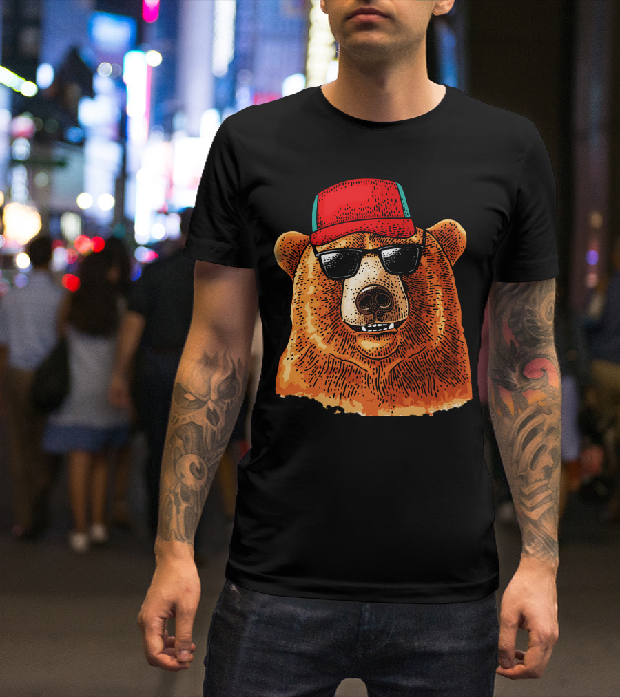 Bear With Red Baseball Cap And Sunglasses T-Shirt