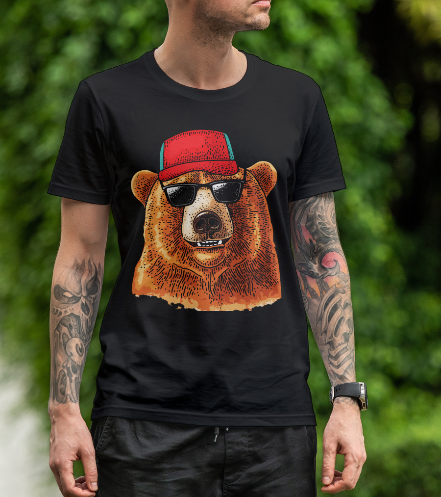 Bear With Red Baseball Cap And Sunglasses T-Shirt