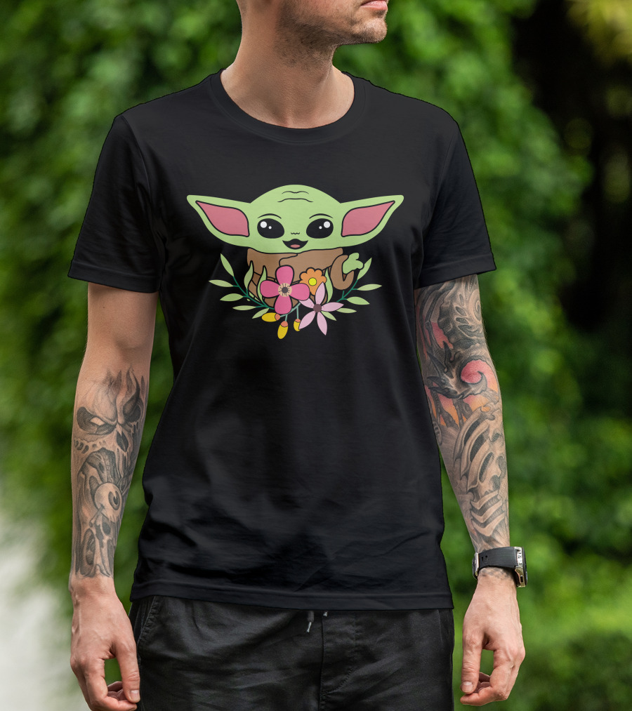 Baby Yoda Surrounded By Bright Flowers T-Shirt