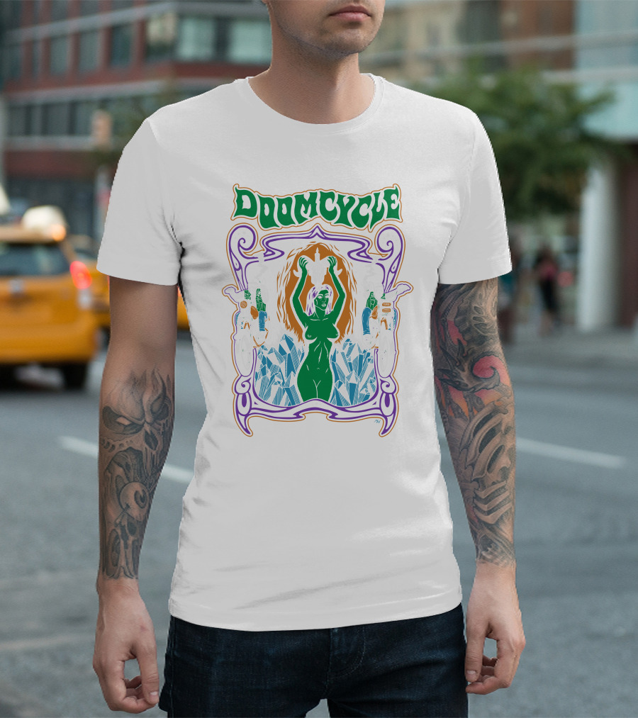 Doomcycle Mattwilkins Biker Fantasy Woman With Skulls And Motorcycles T-Shirt