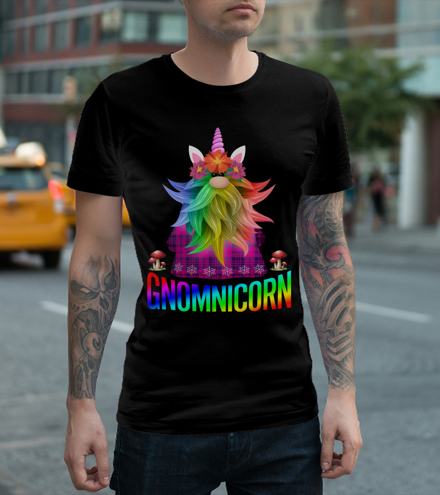 Gnomnicorn Rainbow Gnome With Unicorn Horn And Mushroom Accents T-Shirt