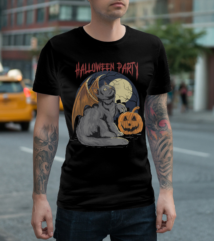 Halloween Party Black Cat with Bat Wings and Pumpkin under Full Moon T-Shirt
