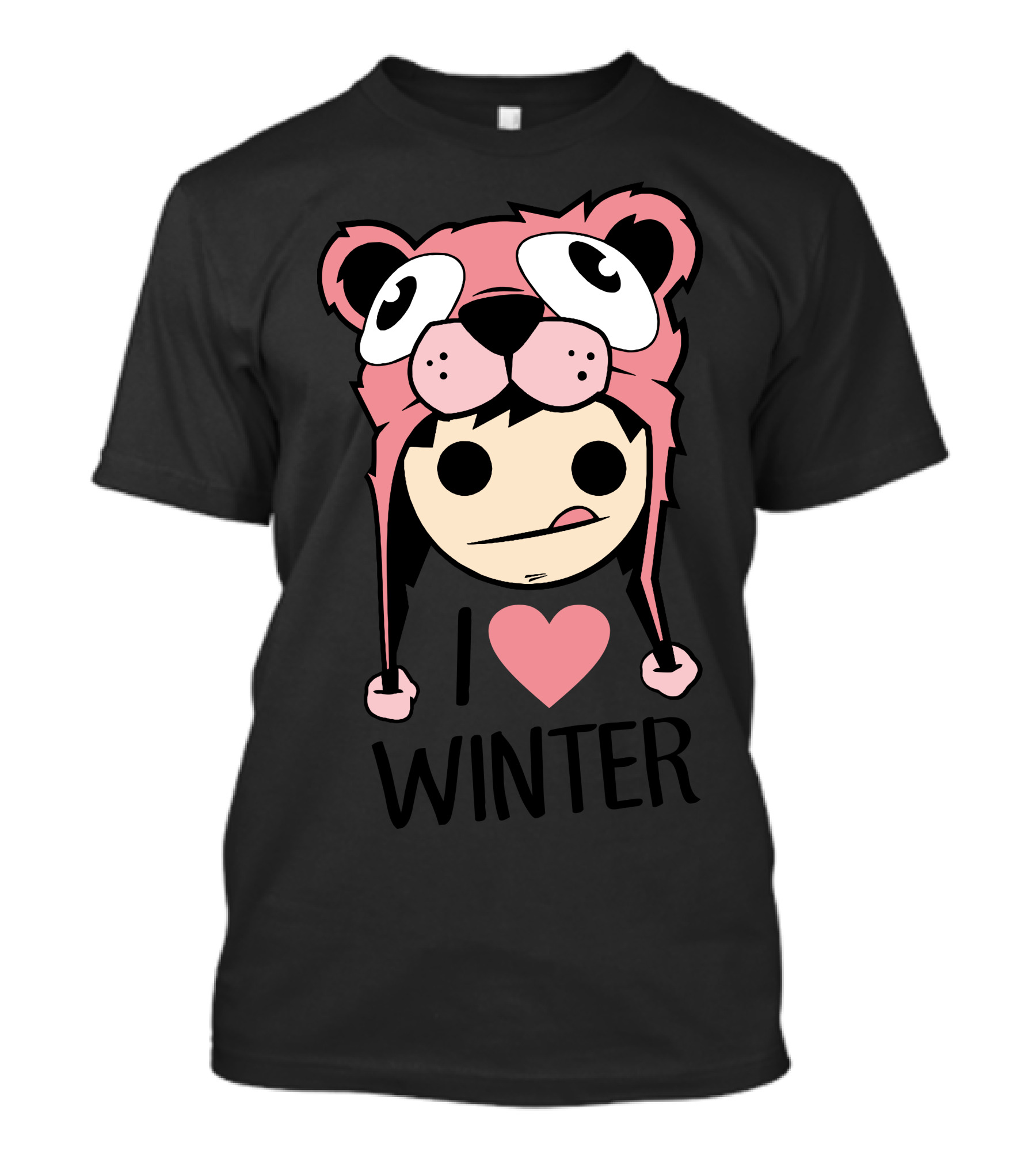 I Love Winter Pink Bear Hat-Heart T-Shirt