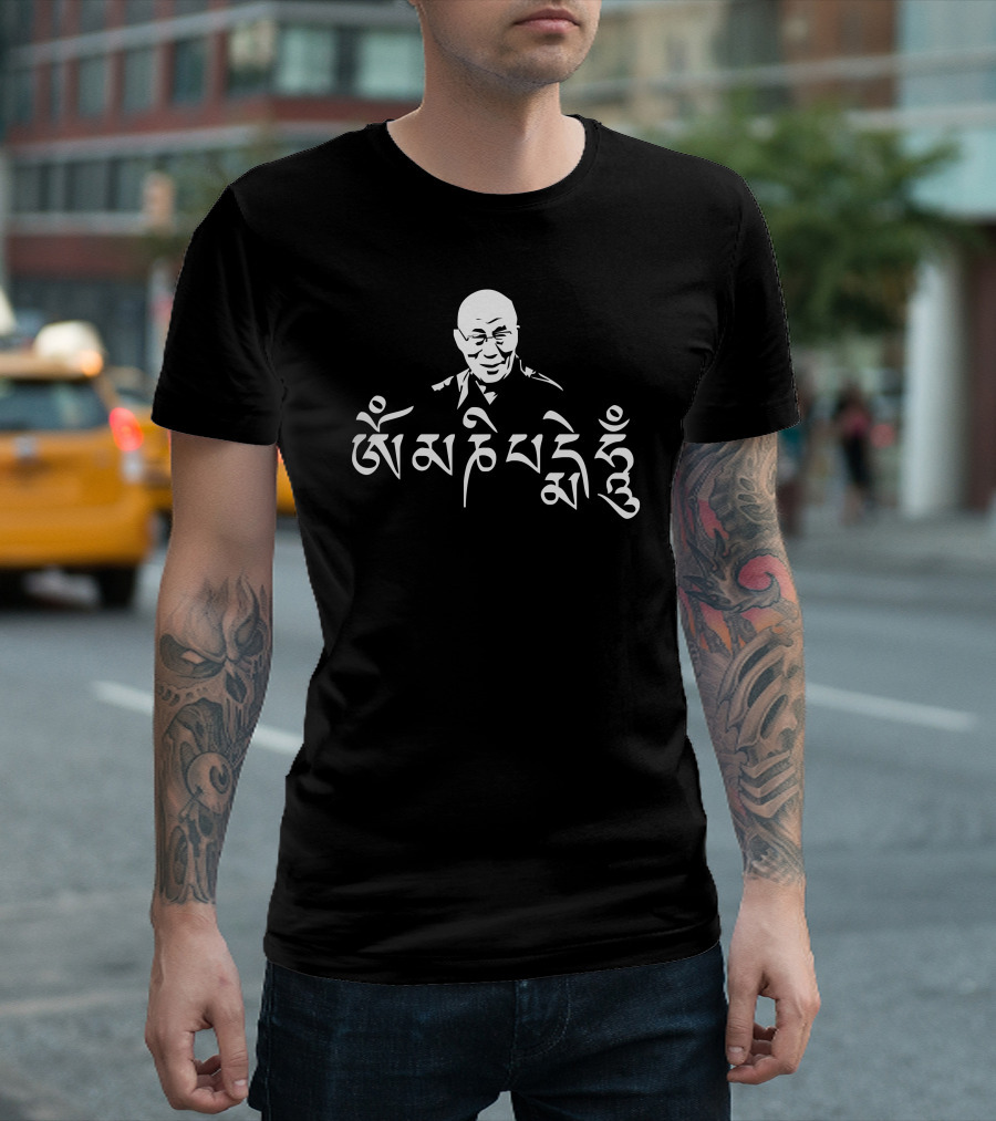 Om Mani Padme Hum Tibetan Calligraphy With Spiritual Figure T-Shirt