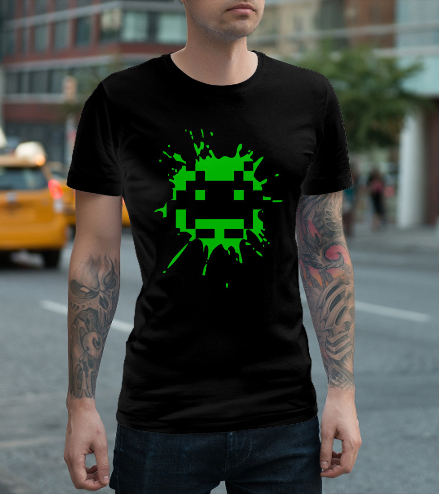 Space Invader 2 Green Pixel Splat Alien T-Shirt