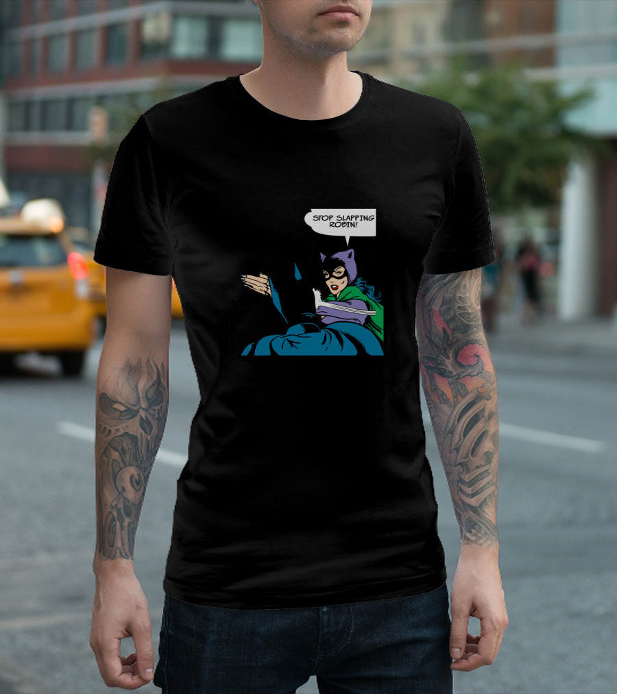 Batman and Catwoman Iconic Comic Moment Stop Slapping Robin T-Shirt