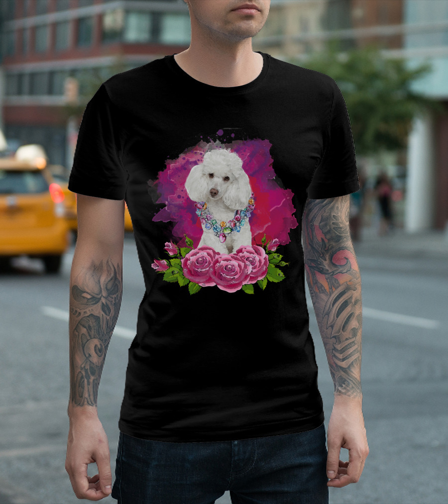 Watercolor Poodle with Colorful Jewels and Pink Roses T-Shirt