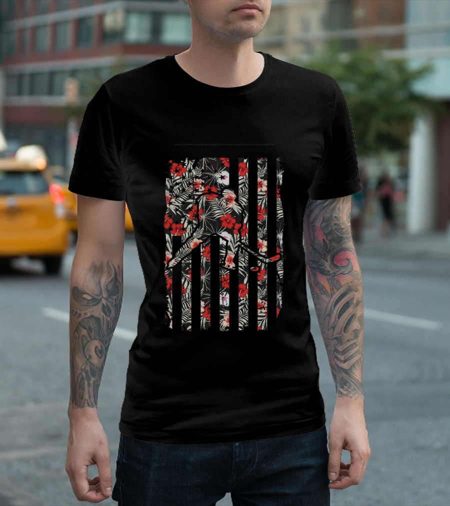 Hockey Aholic Live Love Save Lives American Flag Floral Stripes T-Shirt