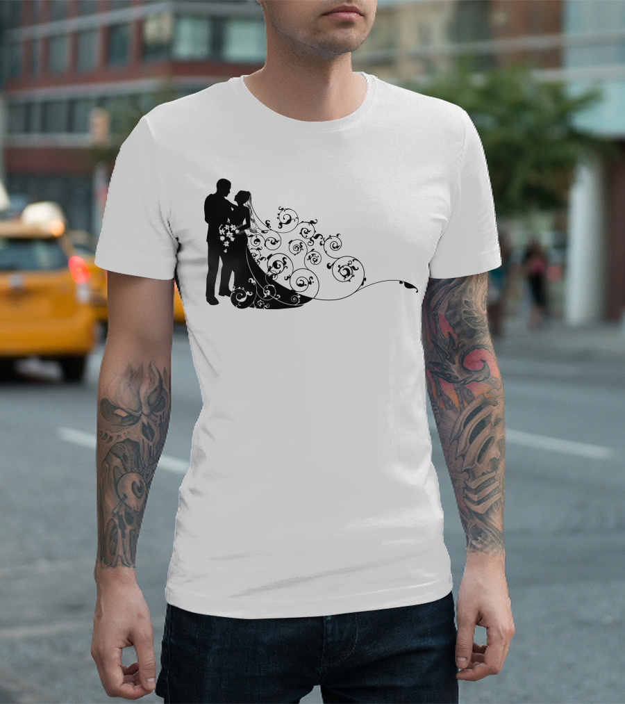 Bride And Groom Elegant Silhouette With Floral Swirl T-Shirt