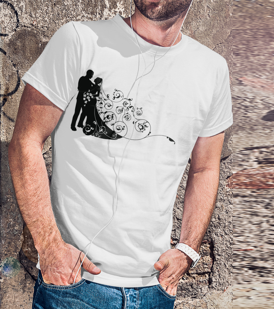Bride And Groom Elegant Silhouette With Floral Swirl T-Shirt