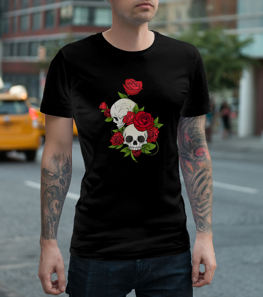 Floral Skull with Red Roses and Green Leaves T-Shirt