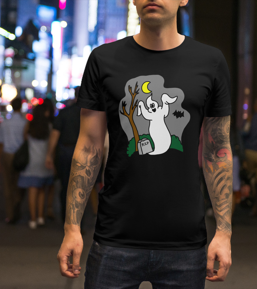 Halloween Ghost With RIP Tombstone And Moon T-Shirt