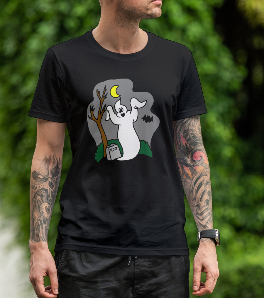 Halloween Ghost With RIP Tombstone And Moon T-Shirt