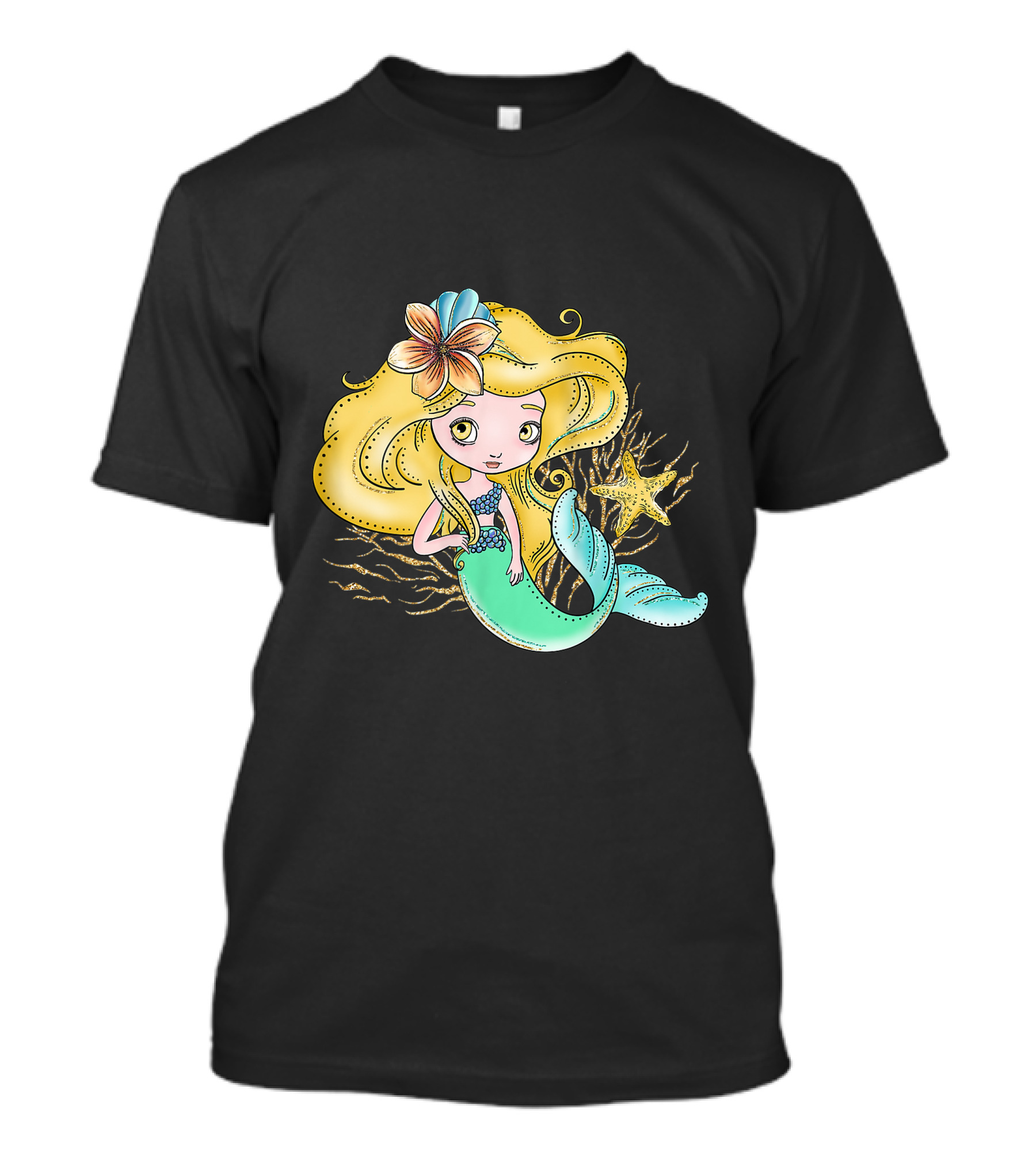 Cute Mermaid With Blonde Hair Starfish And Flower In Hair T-Shirt