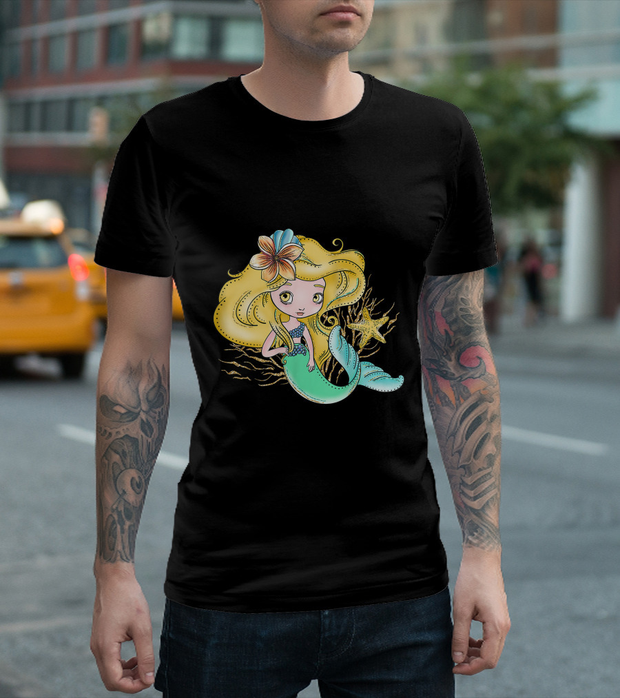 Cute Mermaid With Blonde Hair Starfish And Flower In Hair T-Shirt