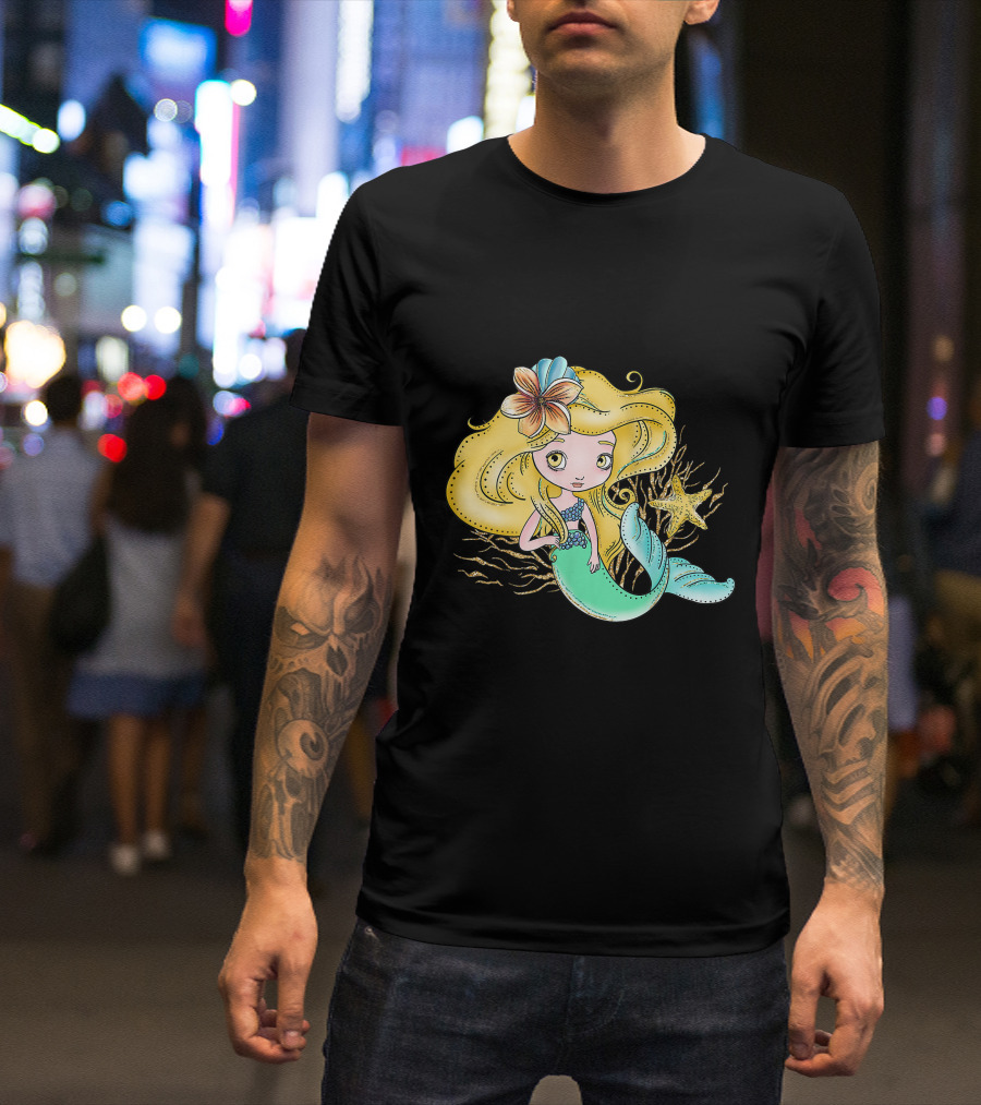 Cute Mermaid With Blonde Hair Starfish And Flower In Hair T-Shirt