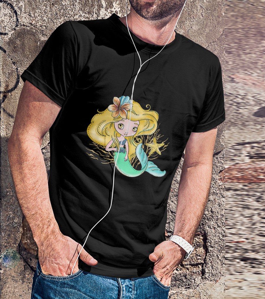 Cute Mermaid With Blonde Hair Starfish And Flower In Hair T-Shirt