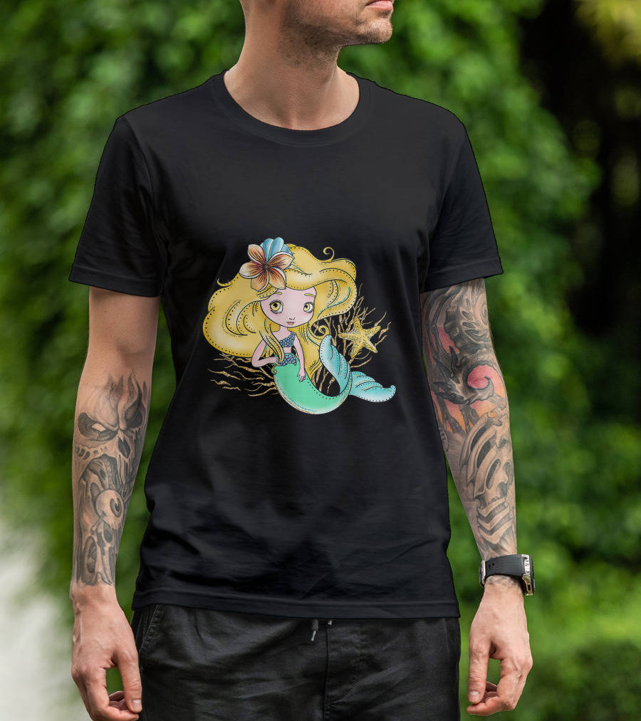 Cute Mermaid With Blonde Hair Starfish And Flower In Hair T-Shirt