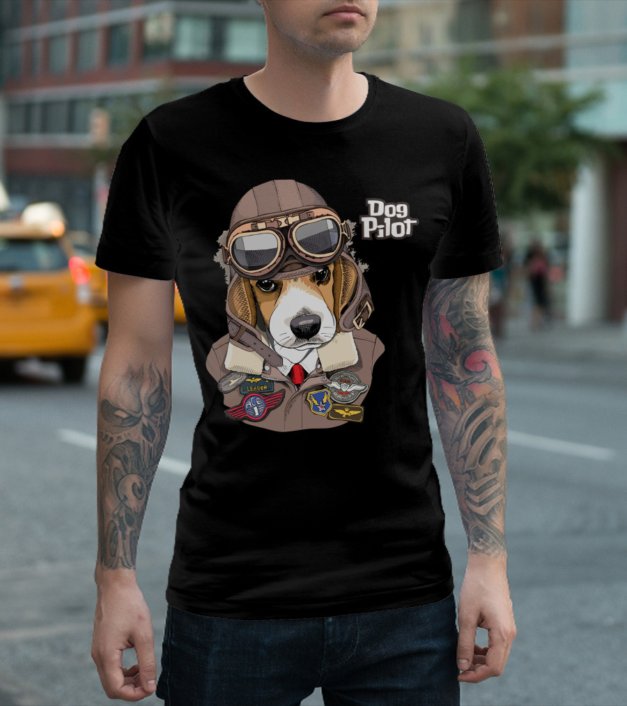 Dog Pilot Ace Leader Aviator Beagle with Goggles and Patches T-Shirt