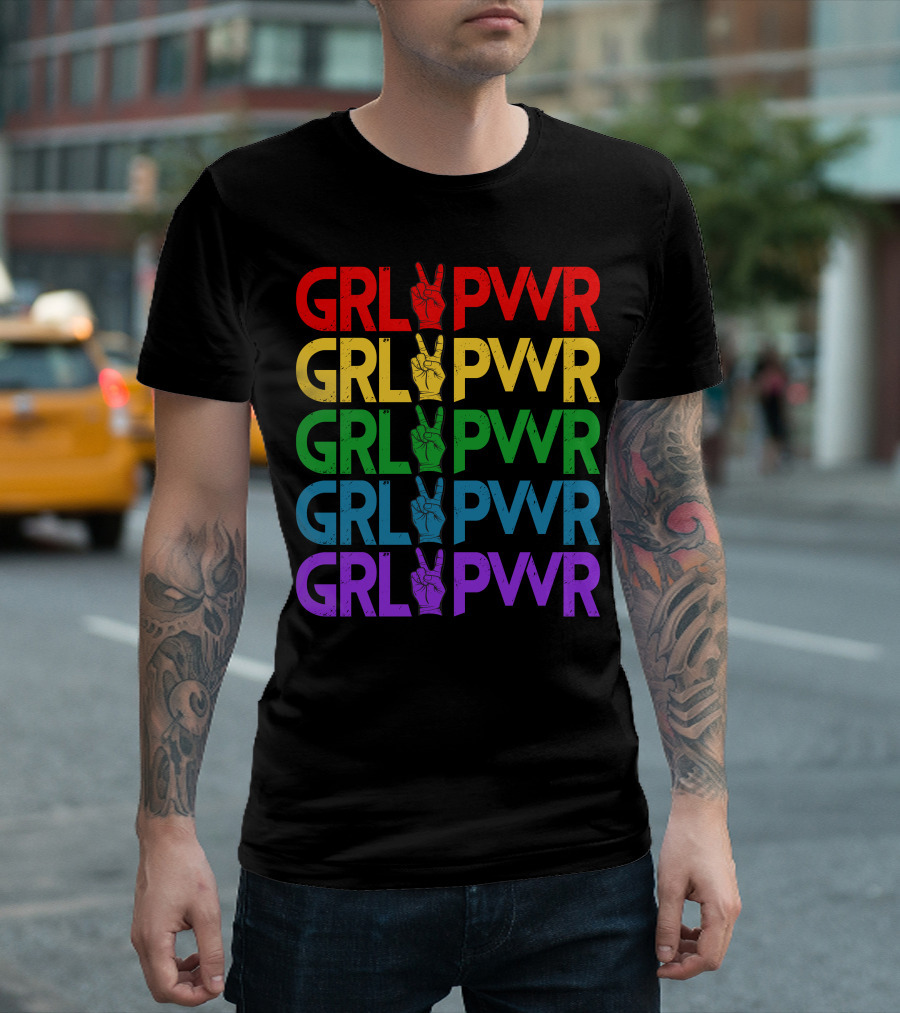 GRL PWR Peace Hand Symbol Rainbow Colors T-Shirt