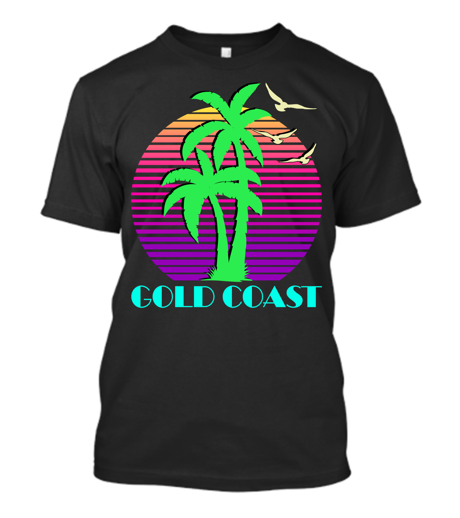Gold Coast Palm Trees With Sunset Birds Retro Tropical Scene T-Shirt