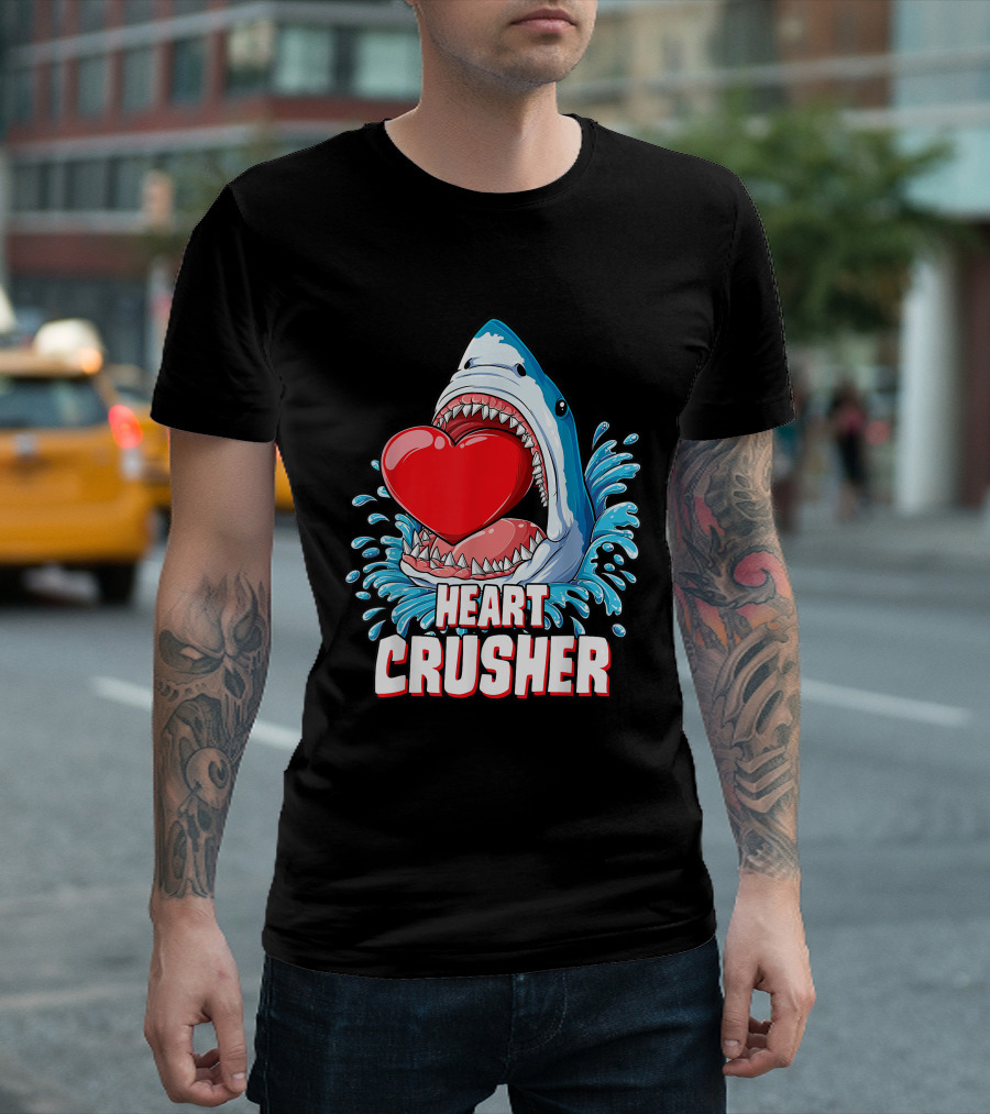 Heart Crusher Shark with Red Heart in Open Mouth Splashing Water T-Shirt