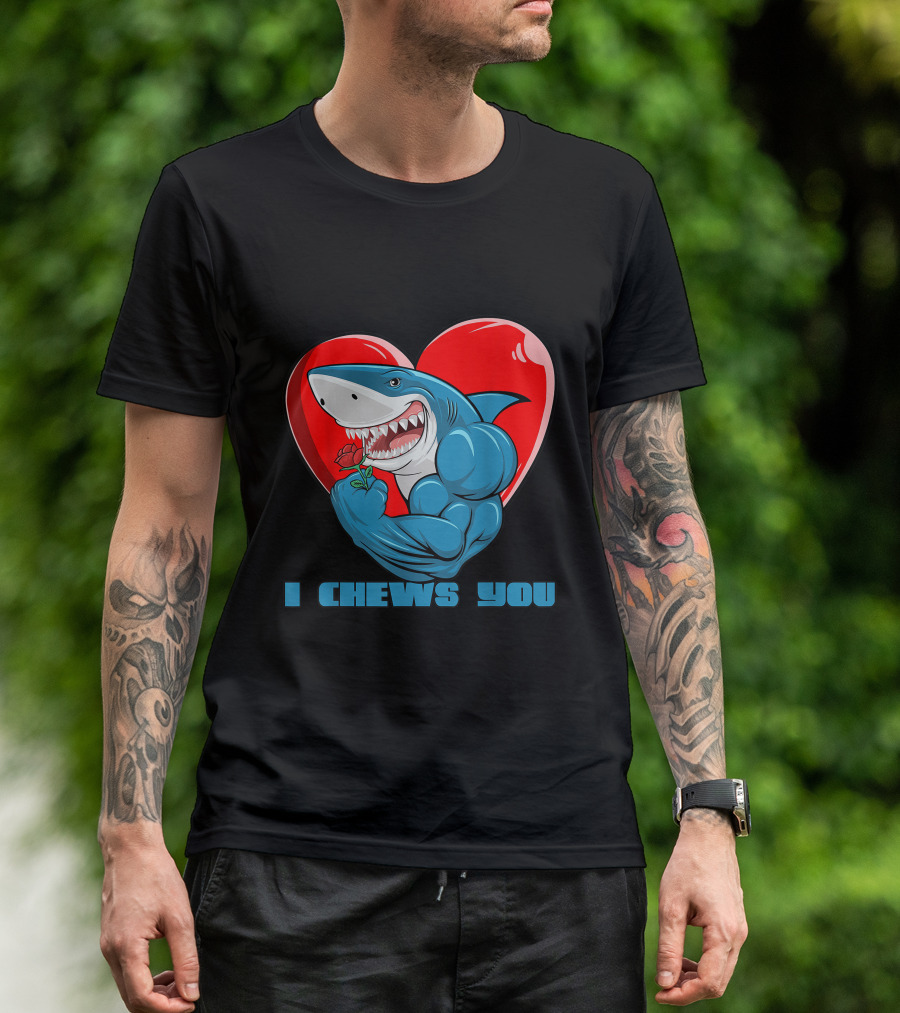 Valentine's Day Shark Cupid Heart Rose I Chews You T-Shirt