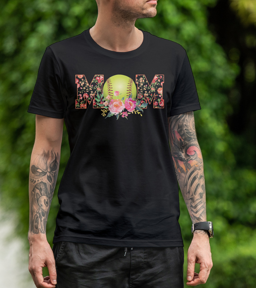 Mom Softball Floral Pattern Ball Blossoms T-Shirt