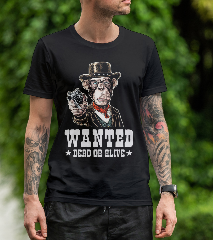 WANTED DEAD OR ALIVE Monkey Gentleman Holding A Revolver T-Shirt