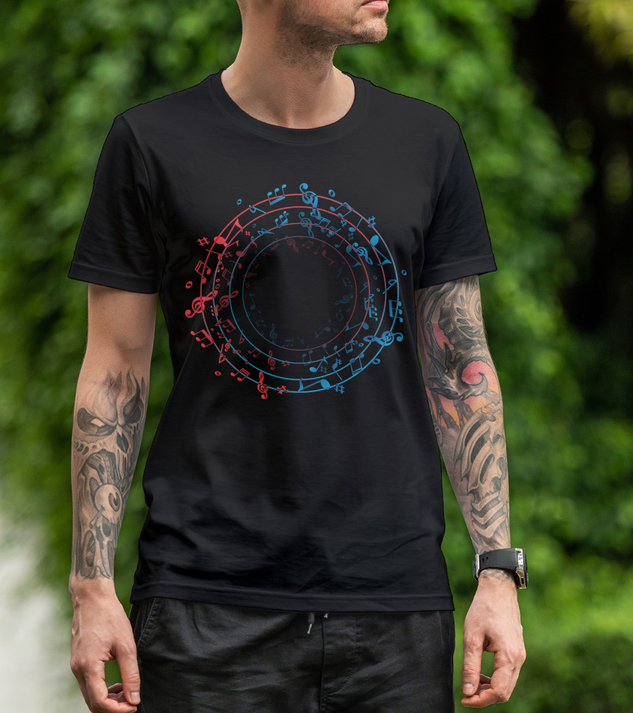 Note Cyrcle Musical Symbols In Red And Blue Circular T-Shirt