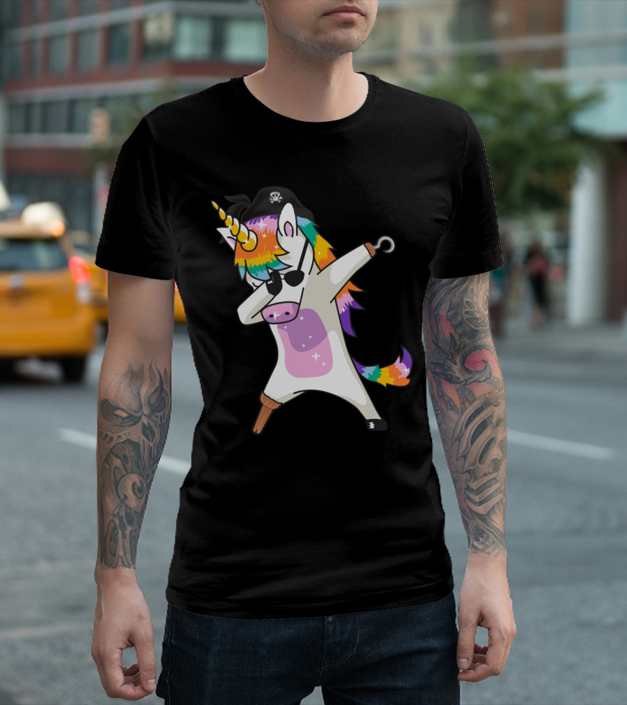 Dabbing Unicorn Pirate with Rainbow Mane Wearing Eyepatch and Pirate Hat T-Shirt