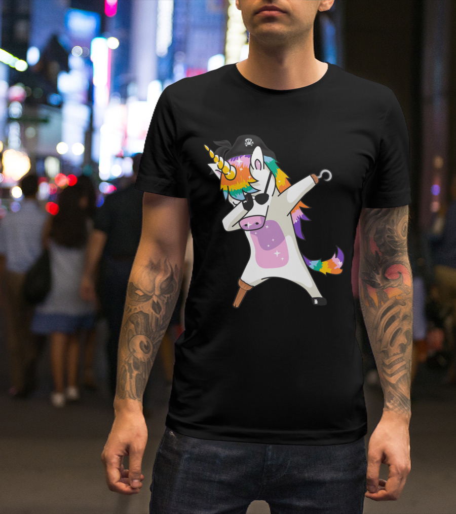 Dabbing Unicorn Pirate With Rainbow Mane Wearing Eyepatch And Pirate Hat T-Shirt