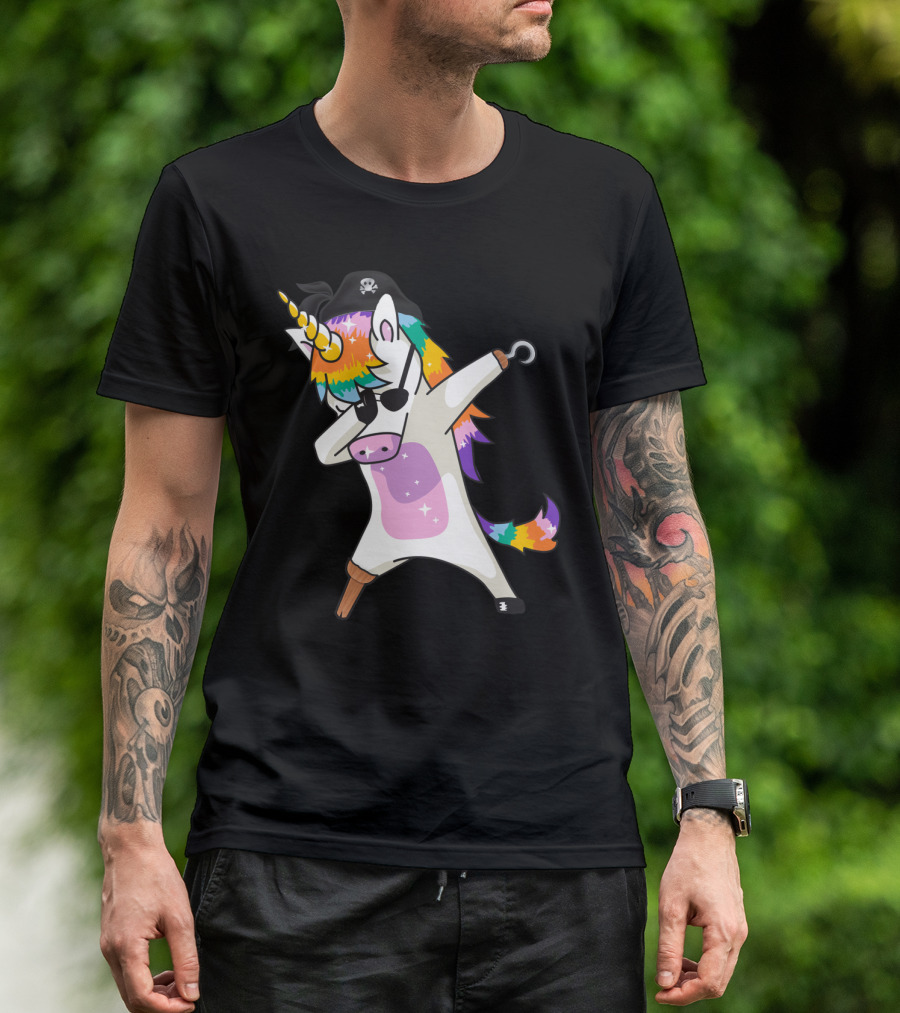 Dabbing Unicorn Pirate With Rainbow Mane Wearing Eyepatch And Pirate Hat T-Shirt