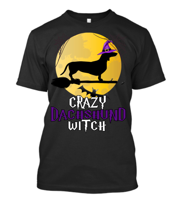 Crazy Dachshund Witch Dog Halloween Moon Silhouette With Broomstick And Purple Hat T-Shirt