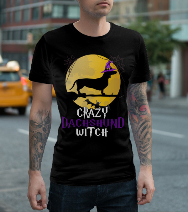 Crazy Dachshund Witch Dog Halloween Moon Silhouette With Broomstick And Purple Hat T-Shirt