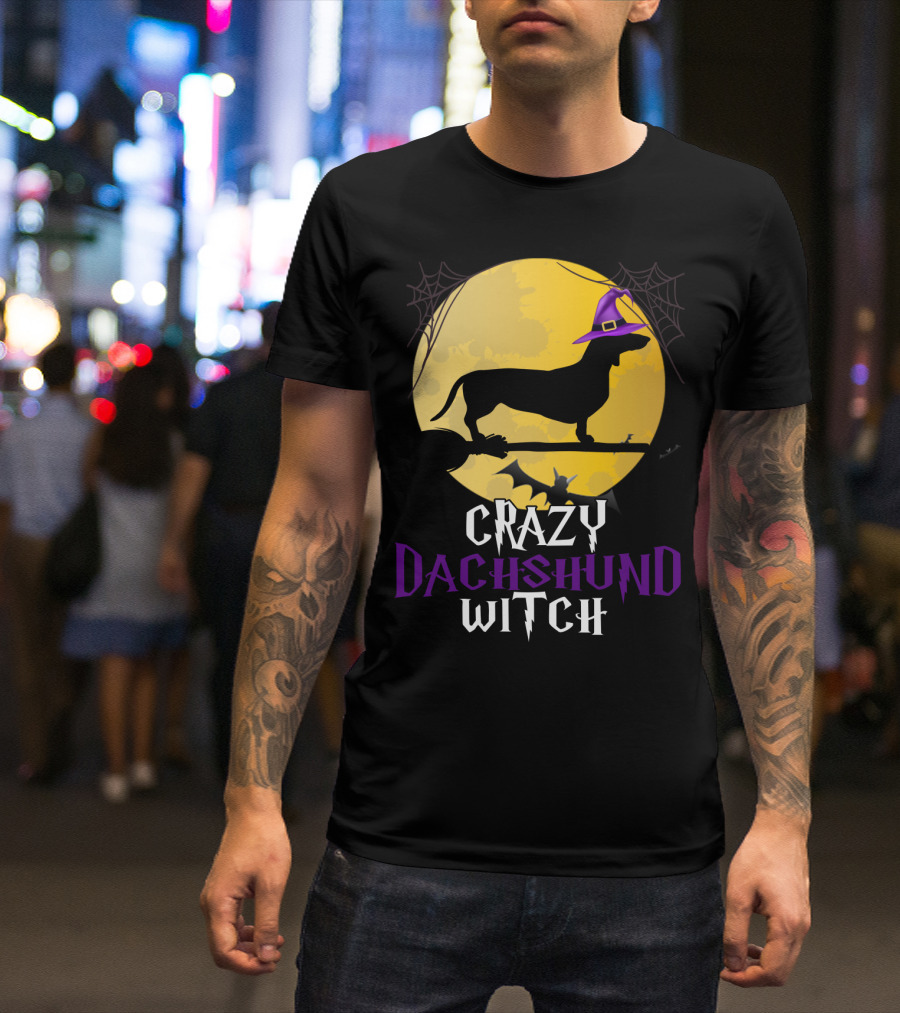 Crazy Dachshund Witch Dog Halloween Moon Silhouette With Broomstick And Purple Hat T-Shirt
