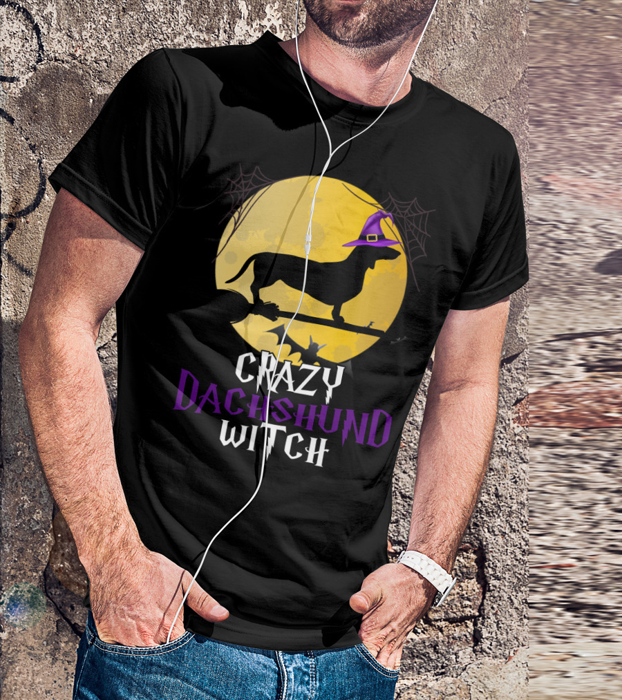 Crazy Dachshund Witch Dog Halloween Moon Silhouette With Broomstick And Purple Hat T-Shirt