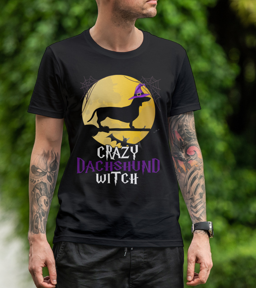 Crazy Dachshund Witch Dog Halloween Moon Silhouette With Broomstick And Purple Hat T-Shirt