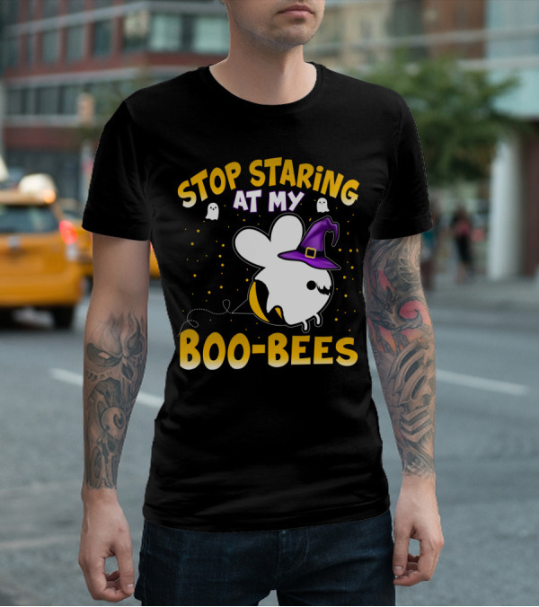 Stop Staring At My Boo Bees Halloween Ghost Bees With Witch Hat And Yellow Dots T-Shirt