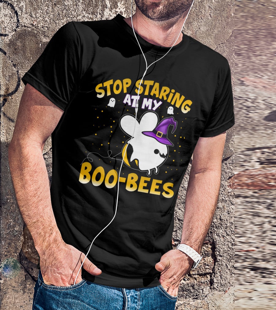 Stop Staring At My Boo Bees Halloween Ghost Bees With Witch Hat And Yellow Dots T-Shirt