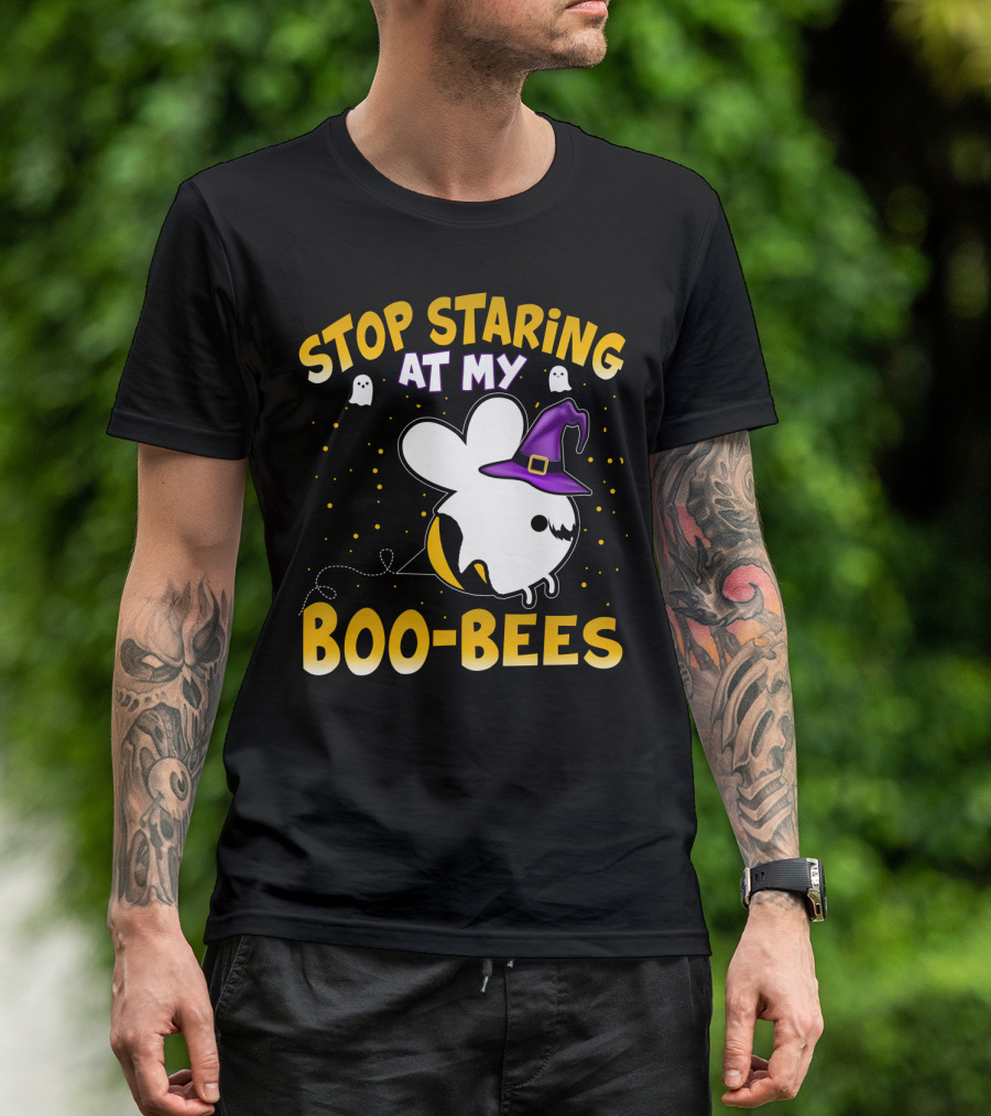 Stop Staring At My Boo Bees Halloween Ghost Bees With Witch Hat And Yellow Dots T-Shirt