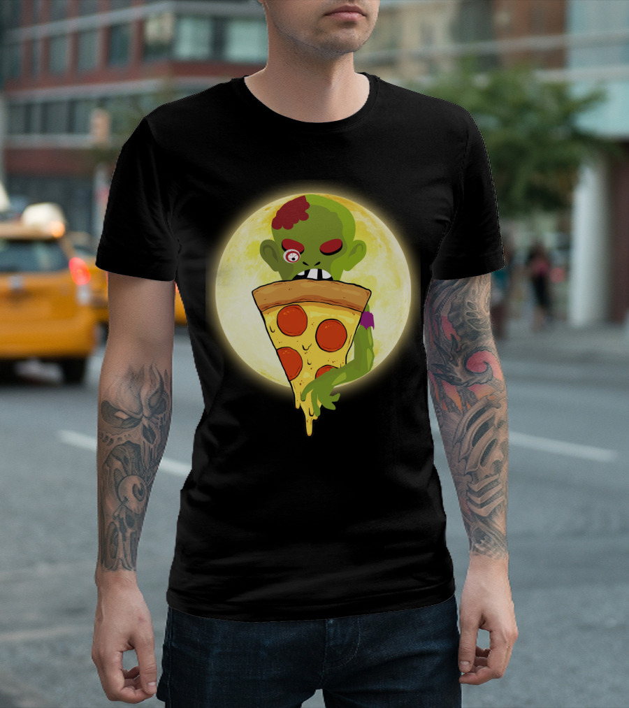 Zombie Eating Pepperoni Pizza Under Full Moon T-Shirt